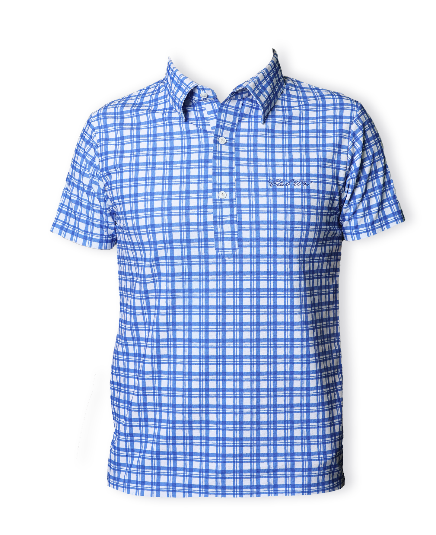 Corporate Light Blue & White Checks Short Sleeve Vision Shirt Tee on a mannequin, featuring a silky knit fabric, structured collar, and classic checks design for a formal appeal.