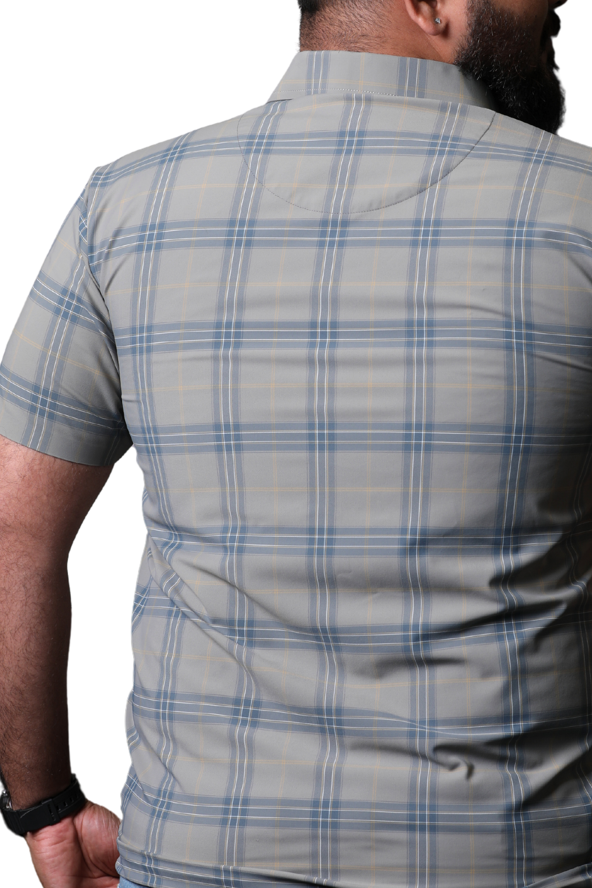 "Back view of the Corporate Light Blue, Olive Green & Grey Yarn Dyed Checks Short Sleeve Vision Shirt Tee, showcasing the sleek and structured design with premium fabric quality. The soft, stretchy, and silky knit material made of Nylon, Polyamide, and Polyester blend ensures comfort and durability. Featuring a formal-style shirt collar and a timeless yarn-dyed checks pattern, this versatile shirt is perfect for office wear or casual outings. Highlighting impeccable stitching and attention to detail, it com