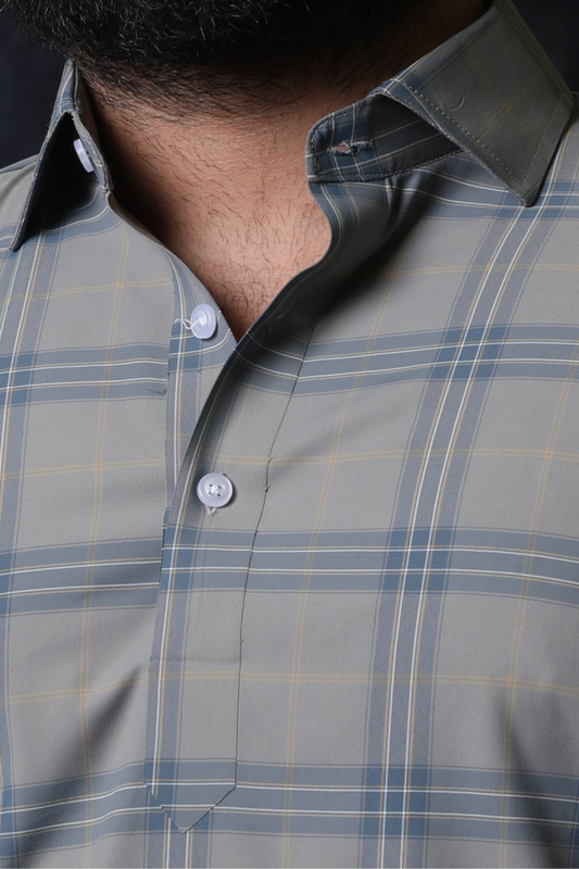Crafted from a premium blend of Nylon, Polyamide, and Polyester, its soft, stretchy, and silky knit fabric ensures a luxurious feel and breathable wear throughout the day. The structured, firm shirt collar lends a crisp, formal touch, making it perfect for both professional and semi-formal occasions. Featuring a sophisticated yarn-dyed checks design in a harmonious blend of light blue, olive green, and grey, this shirt exudes timeless style