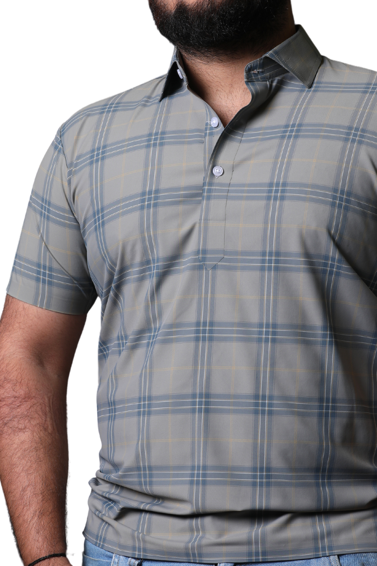 The Corporate Light Blue, Olive Green & Grey Yarn Dyed Checks Short Sleeve Vision Shirt Tee is the epitome of modern elegance combined with ultimate comfort.