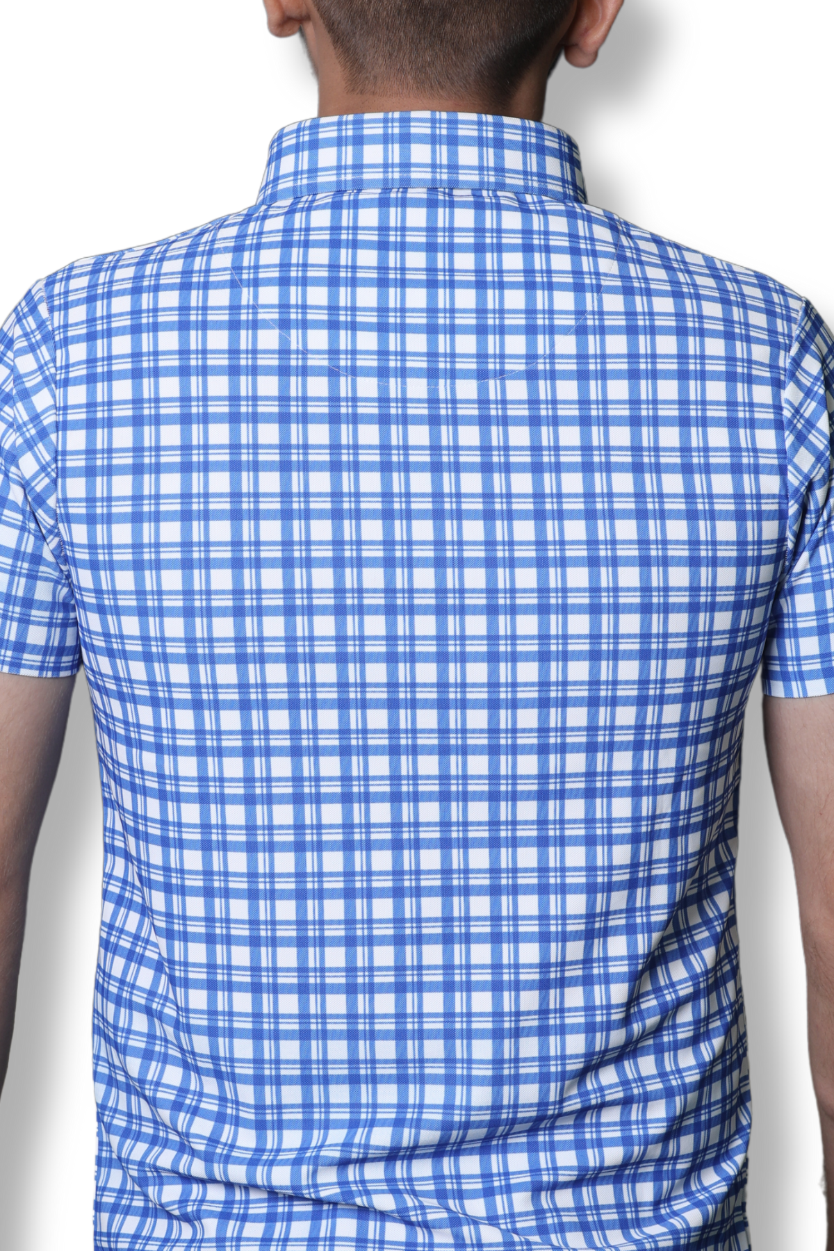 Back view of the Corporate Light Blue & White Checks Short Sleeve Vision Shirt Tee, highlighting the premium Silk Polyester fabric and timeless white and blue checks design for a sleek, formal look.