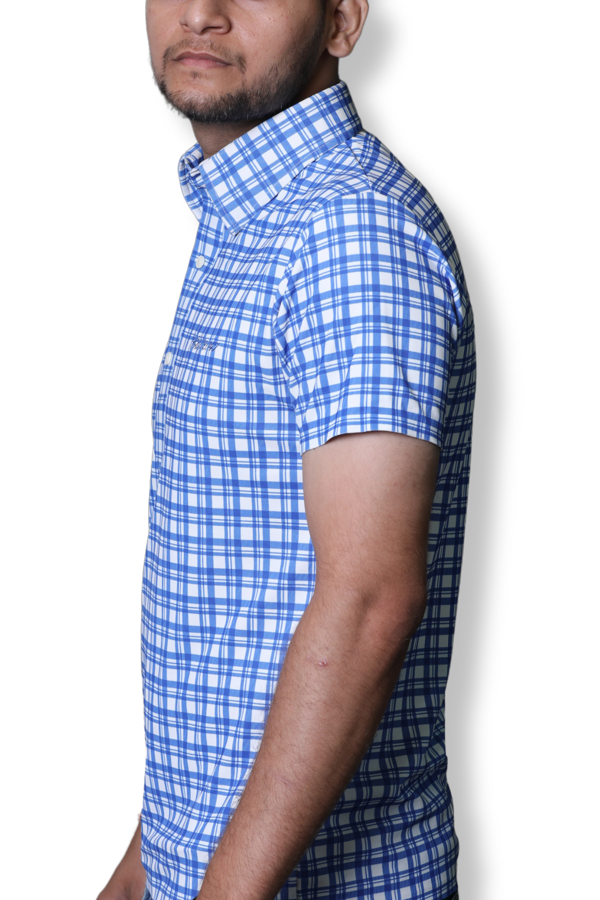 Side view of the Corporate Light Blue & White Checks Shirt showcasing the soft, stretchy fabric and elegant short sleeve fit with a polished checks pattern.