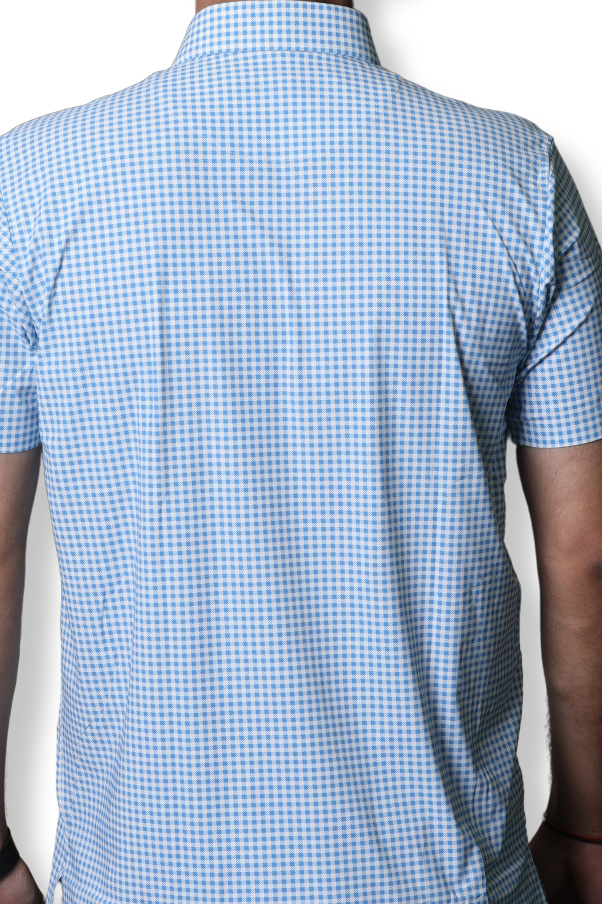 Back view of the Corporate Light Blue & White Checks Short Sleeve Vision Shirt Tee, featuring a sleek, structured design and premium Silk Polyester fabric.