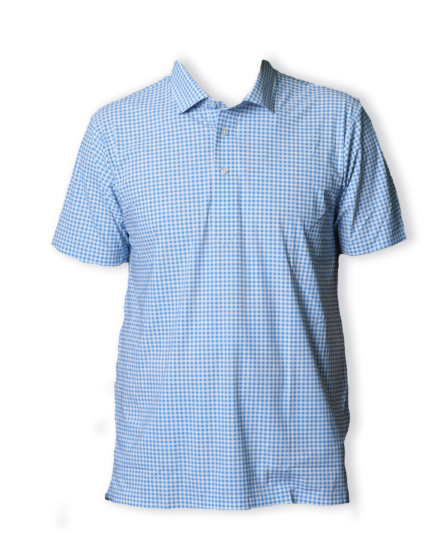 Corporate Light Blue & White Checks Short Sleeve Vision Shirt Tee on a mannequin, showcasing its elegant design and structured collar for a polished look.