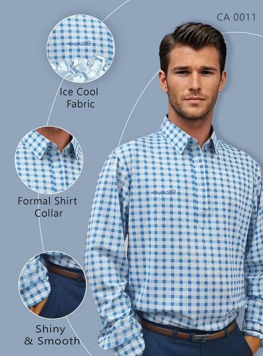 Premium men's checkered office shirt with a crisp hard collar, structured cuffs, and a refined placket. Designed with advanced ice fabric technology for ultra-breathability, moisture-wicking, and a cool touch, ensuring all-day comfort. This wrinkle-resistant, crease-free dress shirt blends timeless checkered patterns with a professional, tailored fit—ideal for corporate offices, business meetings, and smart-casual styling.
